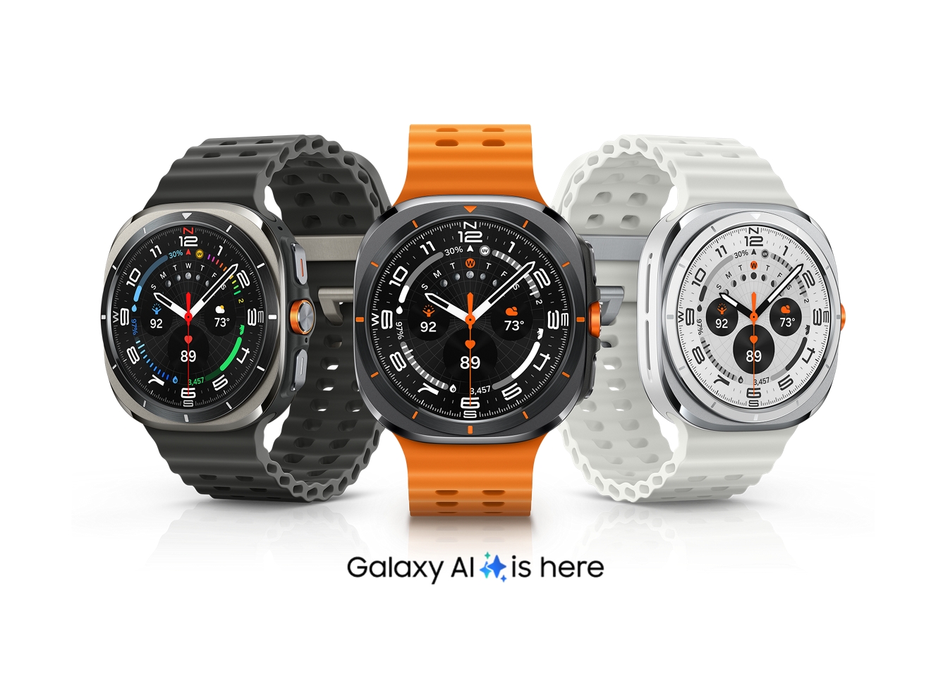 Three Samsung Galaxy Watch Ultra devices with text below that reads “Galaxy AI is here” 
