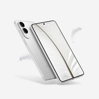 The back and front sides of the Galaxy S25 Edge are shown with white feathers floating in the air.