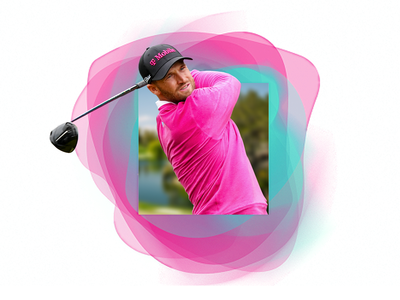 Wyndham Clark wearing a T-Mobile hat and swinging a golf club. 