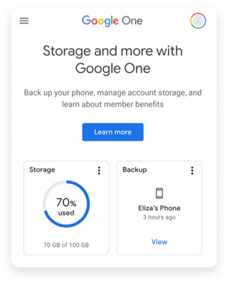 Google One dashboard showing 70% of storage used and a recent phone backup.