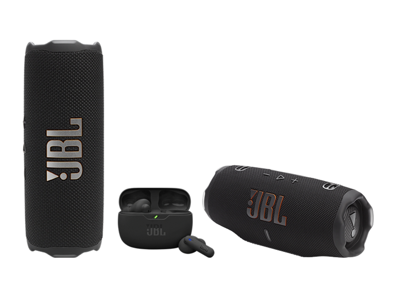 JBL Flip 7 speaker, Vibe Beam 2 earbuds, and Charge 6 speaker.