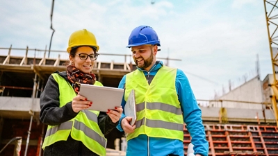 Two engineers at a construction site review information on a tablet.
