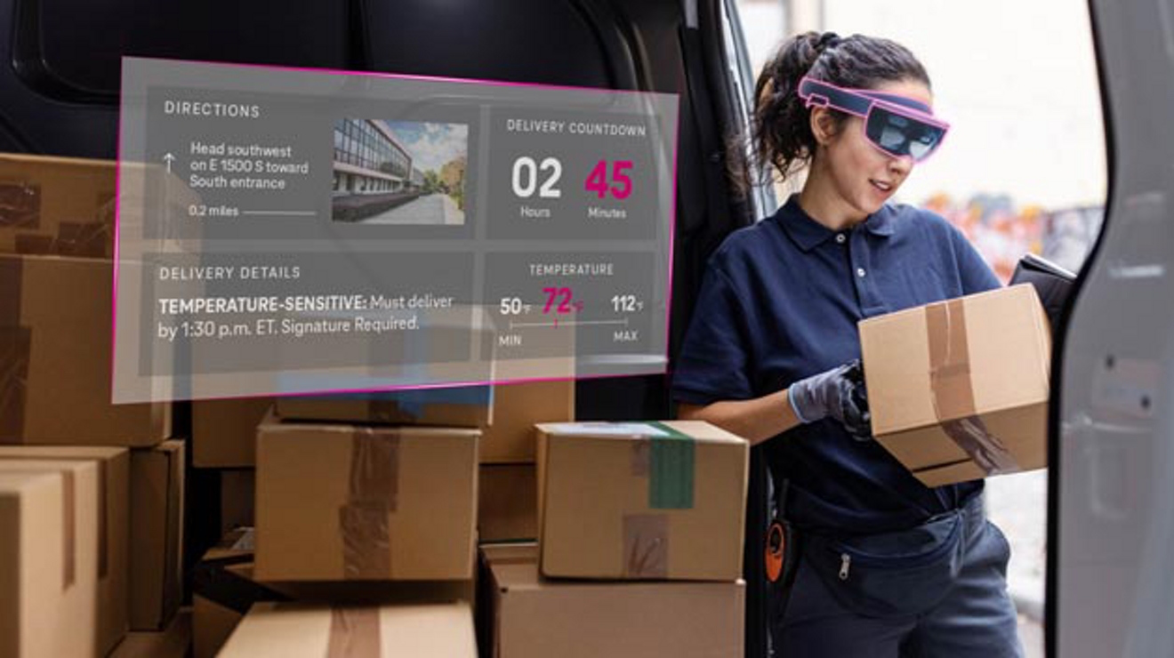Delivery worker in AR glasses views digital package data, including delivery directions, details, and temperature.