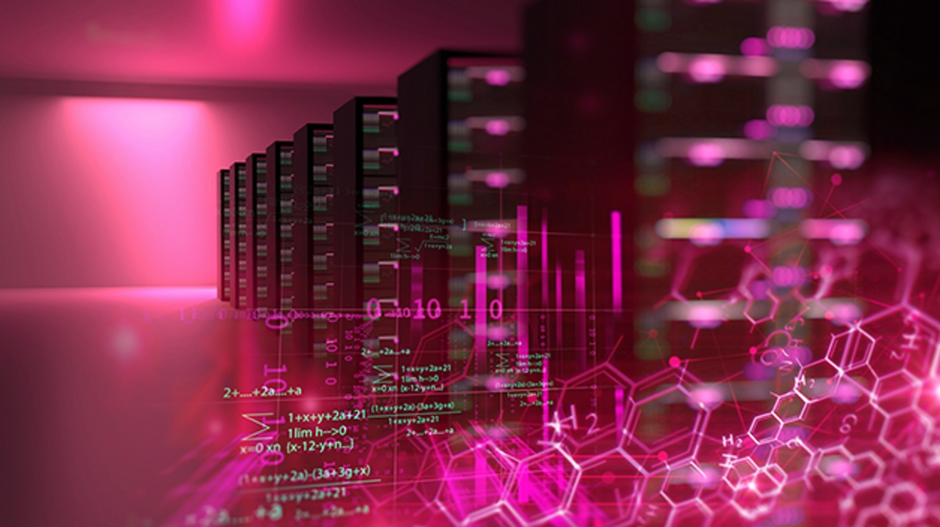 Stacks inside a server room, tinted with blue light with data and graphics floating in the foreground