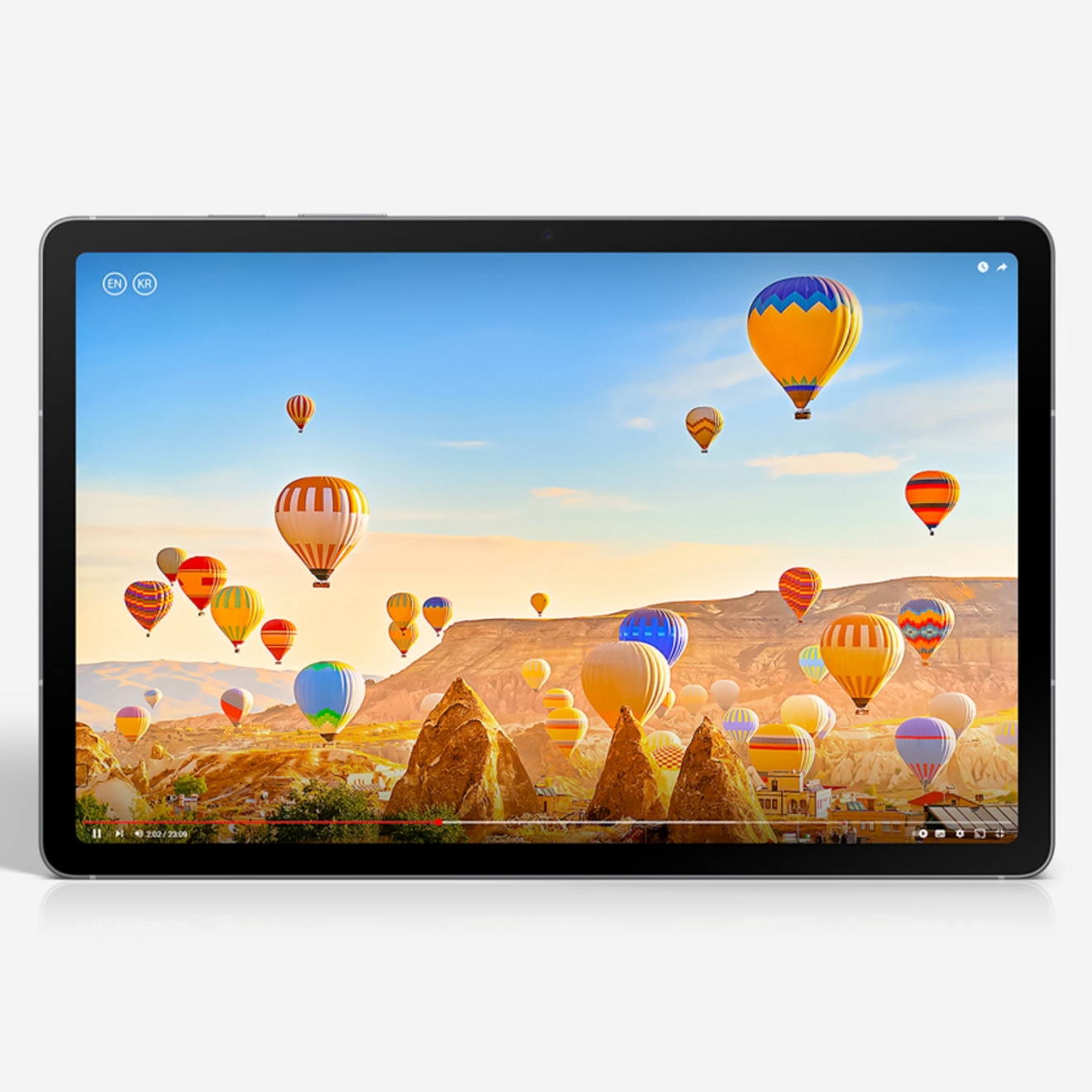 Samsung S10 FE Tablet device with screen showing hot air balloons launching into the sky