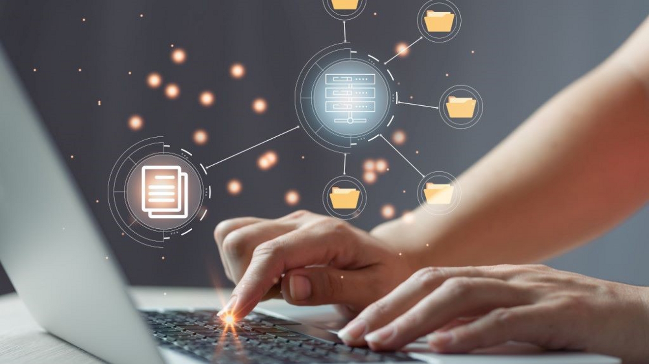 Businessman working modern computer document management system